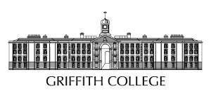 Line drawing of griffith college's symmetrical facade with a central dome and the college name below.