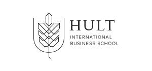 Logo of Hult International Business School featuring a shield with a stylized leaf design and the school's name in a sleek font. This emblem represents the institution noted for its notable alumni.