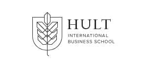 Logo of Hult International Business School featuring a shield with a stylized leaf design and the school's name in a sleek font. This emblem represents the institution noted for its notable alumni.