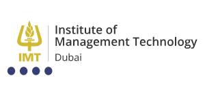 Logo of IMT Dubai featuring a stylized yellow torch above the text, flanked by navy blue dots.