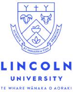 Logo of Lincoln University New Zealand featuring a shield with symbols of yokes and a wheat sheaf, and the motto "scientia et industria cum prudentia." Text below reads "Lincoln University