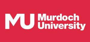 Logo of Murdoch University on a red background, featuring the letters 'MU' in large white font and the full name below in smaller type.