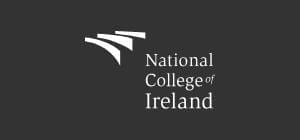 Logo of the national college of ireland featuring stylized white text and abstract geometric shapes on a dark background, reflecting its ranking.