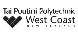 Logo of Tai Poutini Polytechnic Christchurch, featuring bold text and a stylized diamond design, with the subtitle "West Coast New Zealand".