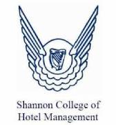 Logo of Shannon College of Hotel Management featuring a harp encircled by wings and waves, in blue on a white background.