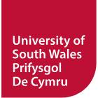 Logo of the university of south wales featuring white text on a red background, with text in both english and welsh.