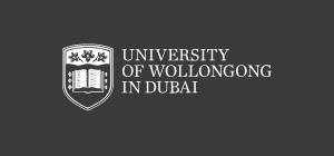 Logo of the University of Wollongong in Dubai featuring a shield with a book and a cheetah, set against a dark gray background.