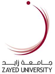 Logo of Zayed University featuring a stylized red crescent and a dot above Arabic calligraphy of the university's name in Dubai.