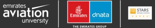 Logos for emirates aviation university fees, emirates airline, dnata, and emirates group along with stars marine survey on a banner.