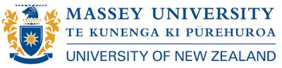 Logo of Massey University featuring a crest with a motto "te kunenga ki purehuroa" and text "Massey University New Zealand" below.