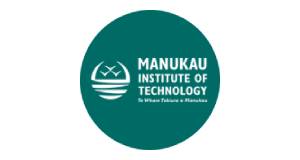 Logo of Manukau Institute of Technology featuring a white emblem with three lines and birds, set against a teal circle background, with the text "where futures flourish.