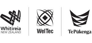 Three logos from New Zealand educational institutions: Whitireia New Zealand, Wellington Institute of Technology (WelTec), and Te Pūkenga, each featuring distinctive graphic designs.