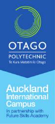 Logo of Otago Polytechnic Auckland International Campus, featuring a green spiral design and text indicating a partnership with Future Skills Academy.
