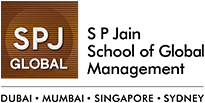 Logo of SP Jain School of Global Management Singapore featuring white text on a gradient brown circular background.