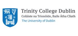 Logo of Trinity College Dublin featuring a blue shield with symbolic icons and text "Trinity College Dublin, the University of Dublin" and its Irish translation.