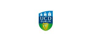 Logo of University College Dublin featuring a blue shield with three castles and a green and yellow harp design, with "University College Dublin" text.