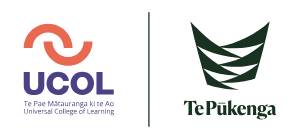 Logos of Universal College of Learning New Zealand and Te Pūkenga, with their respective symbols and names, divided by a vertical line.