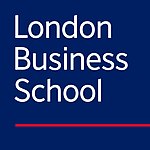Logo of London Business School MBA with its name in white text on a blue background, highlighted by a red underline.