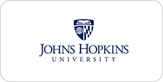 Logo of johns hopkins university featuring a shield with an open book, flanked by decorative flourishes, above the university name in blue font.