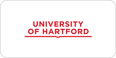 Logo of the university of hartford featuring red and white text on a light gray background.