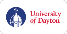 Logo of the university of dayton featuring a white dome with a cross on a blue background, adjacent to the university name in red.