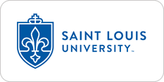 Logo of saint louis university featuring a blue shield with a silver fleur-de-lis and a crown, accompanied by the university's name in blue text.
