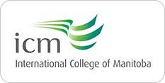 Logo of international college of manitoba featuring stylized green and teal swooshes above the lowercase letters "icm.