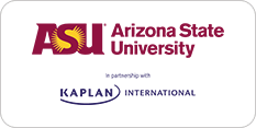 Logo of arizona state university in partnership with kaplan international, featuring asu's logo and kaplan's name on a white background.