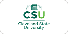 Logo of cleveland state university featuring the acronym "csu" with an abstract image of a cityscape above it in green and blue colors.