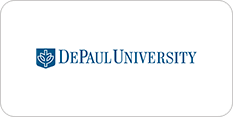 Depaul university logo featuring blue text and a blue shield with a tree symbol on a white background.