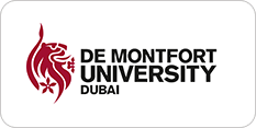 Logo of de montfort university dubai featuring a stylized red lion on the left and the university's name in black text on a white background.