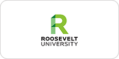 Logo of roosevelt university featuring a green letter 'r' above the university's name in black text on a white background.