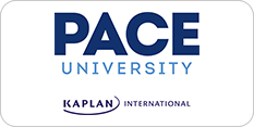 Logo of pace university in collaboration with kaplan international, featuring the names of both institutions with distinct branding colors.