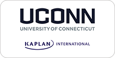 Logo of the university of connecticut (uconn) above the logo of kaplan international, both set against a light background.
