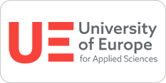 Logo of the university of europe for applied sciences, featuring red and grey text with a white background.